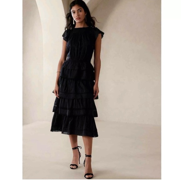 NWT! BANANA REPUBLIC BLACK SELENE EMBROIDERED MIDI DRESS MEDIUM TALL MT festival - Picture 2 of 7